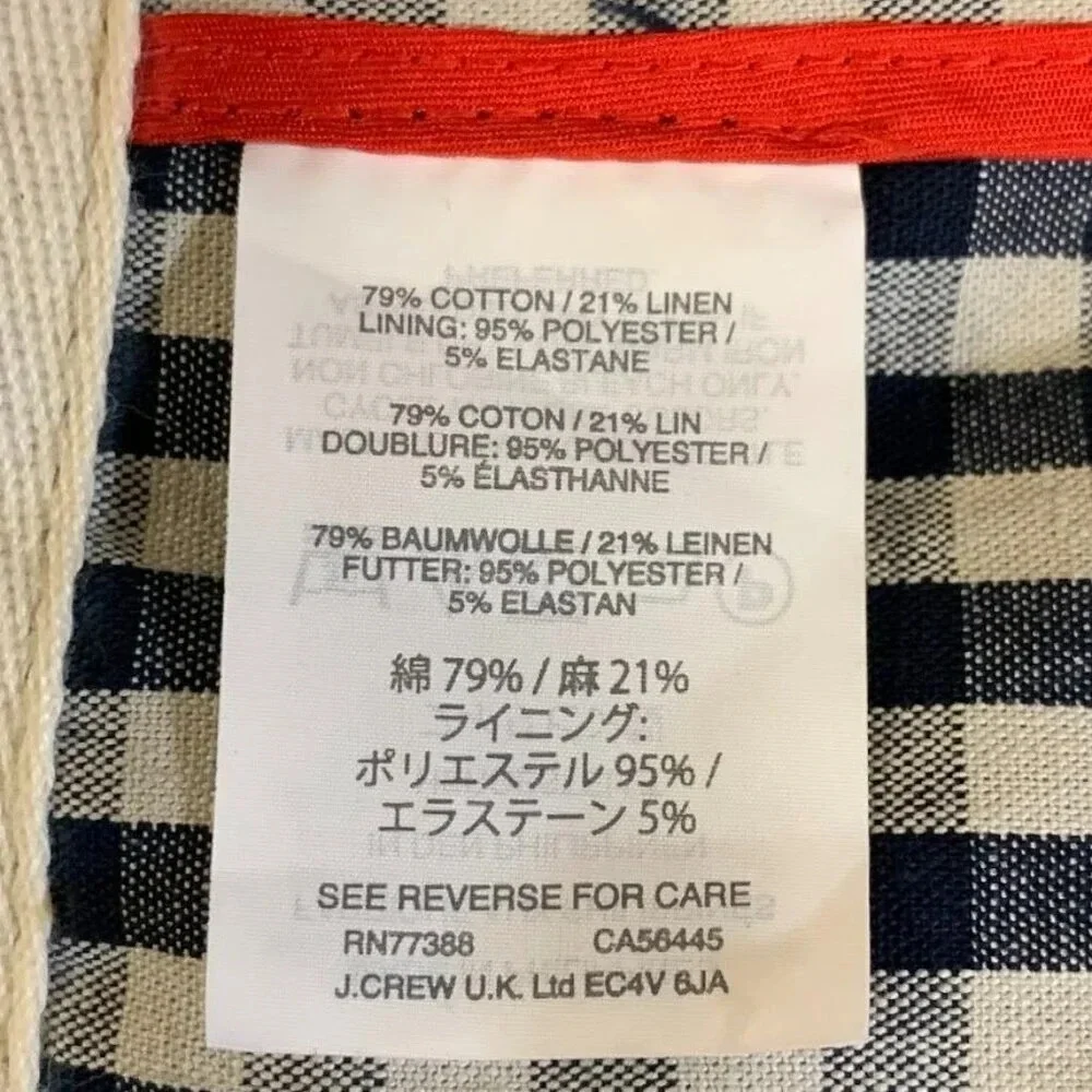J. Crew Women's Gingham‎ Plaid Linen Blend Motorcycle Jacket Size 00